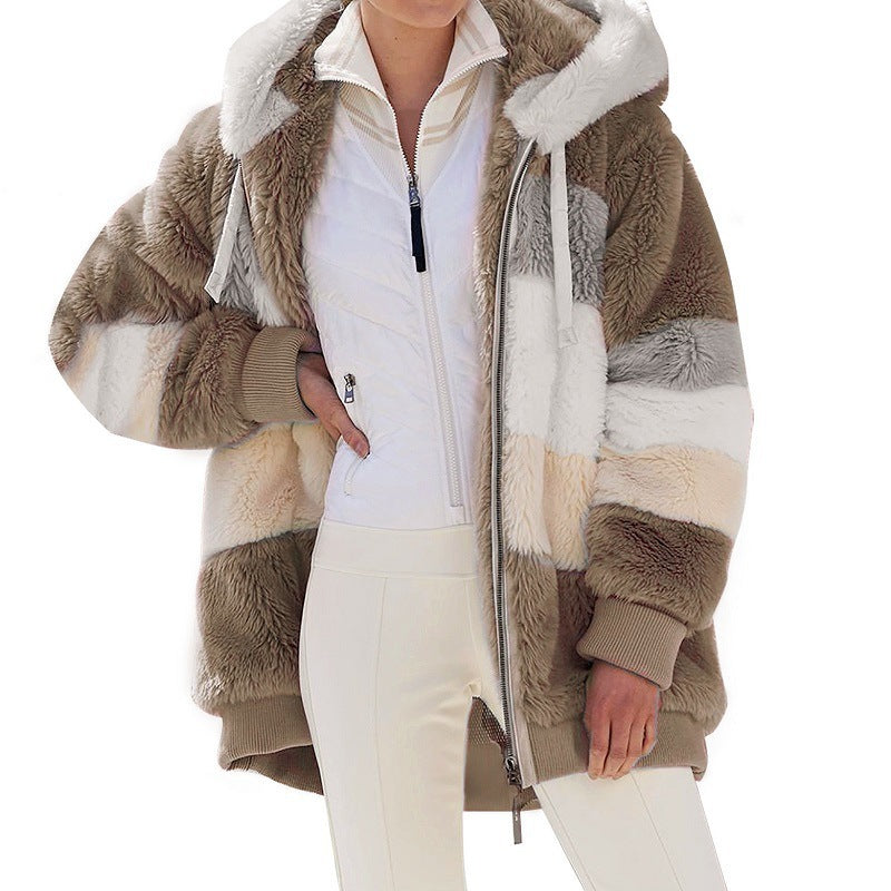 Damen nan oversized Kunstfell-Patchwork Kapuzenjacke mit Rippbündchen und Zweiwege-Reißverschluss Drune