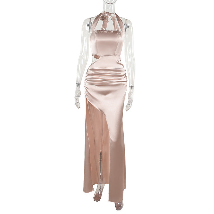 Damen elegantes Halter-Maxikleid mit Drapierungen und hohem Schlitz Drune