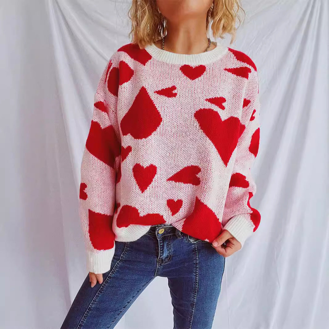Damen oversized Pullover mit Herzmotiv Drune