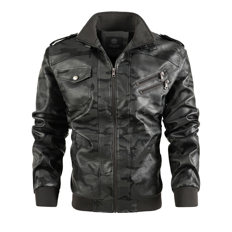 Herren modische Kunstlederjacke im Camouflage-Design mit praktischen Taschen Drune