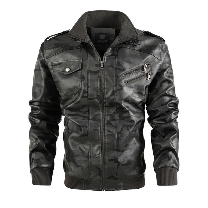 Herren modische Kunstlederjacke im Camouflage-Design mit praktischen Taschen Drune
