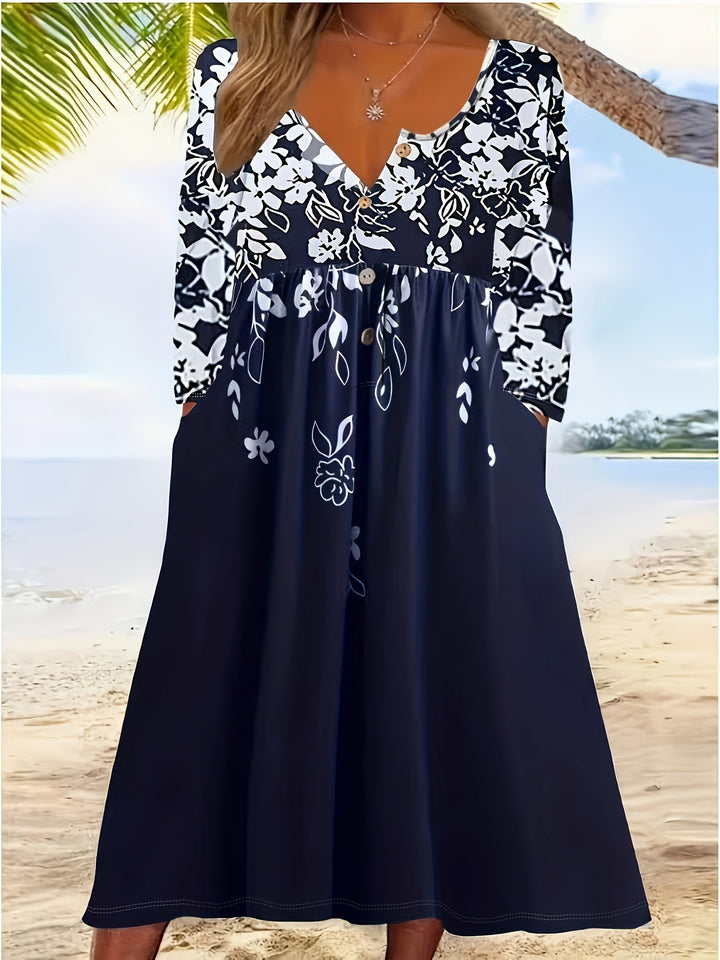 Damen Boho Maxikleid mit floralem Print und knöpfbarem Oberteil Drune