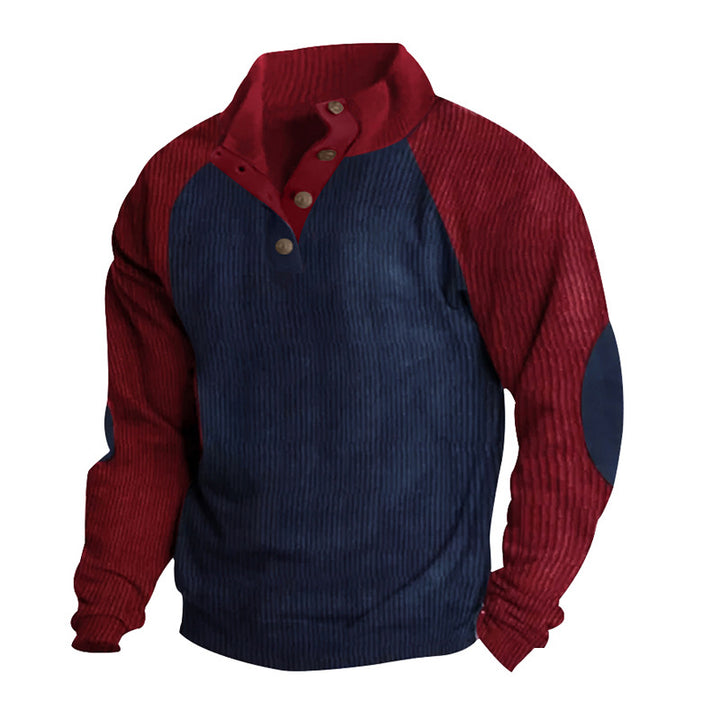 Herren nan Cordoptik-Halbknopf-Pullover mit Stehkragen, Raglanärmeln und Ellenbogenpatches Drune