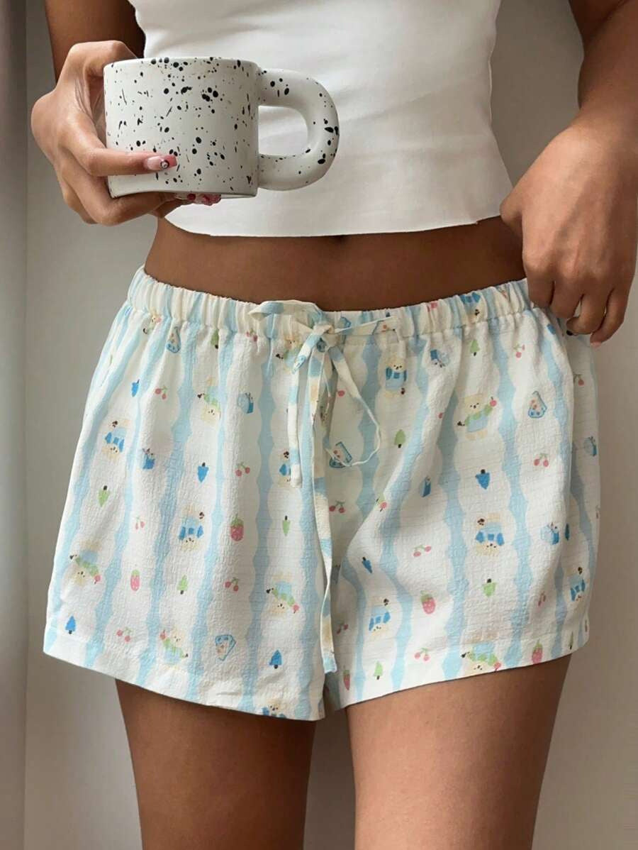 Damen entspannte Kurzpyjamahose mit buntem Druck und elastischem Bund Drune