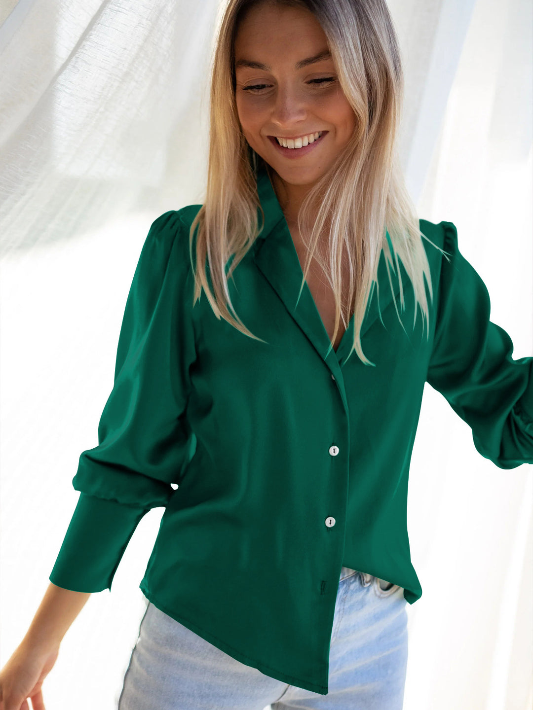 Damen Elegante Seidenbluse mit tiefem V-Ausschnitt und klassischem Kragen Drune