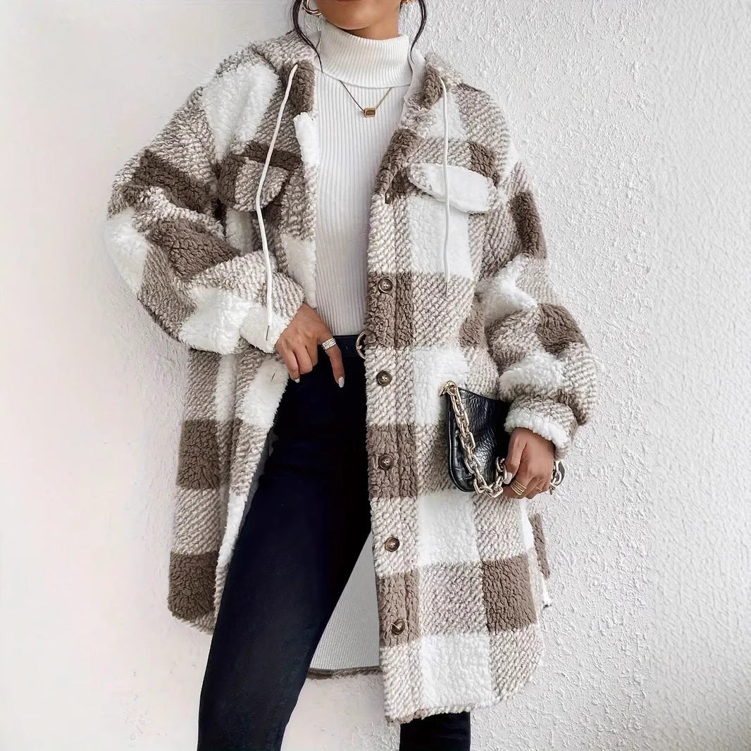 Damen Plüschige Karojacke im Oversized-Stil mit Knopfleiste Drune