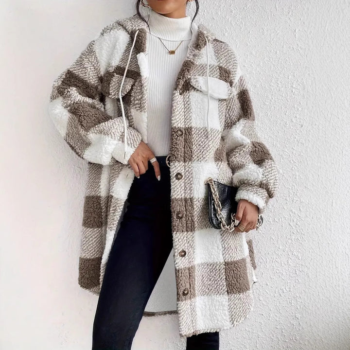 Damen Plüschige Karojacke im Oversized-Stil mit Knopfleiste Drune