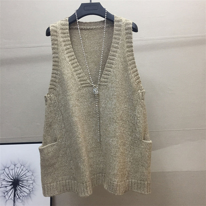 Damen V-Ausschnitt Stricktop mit seitlichen Taschen Drune