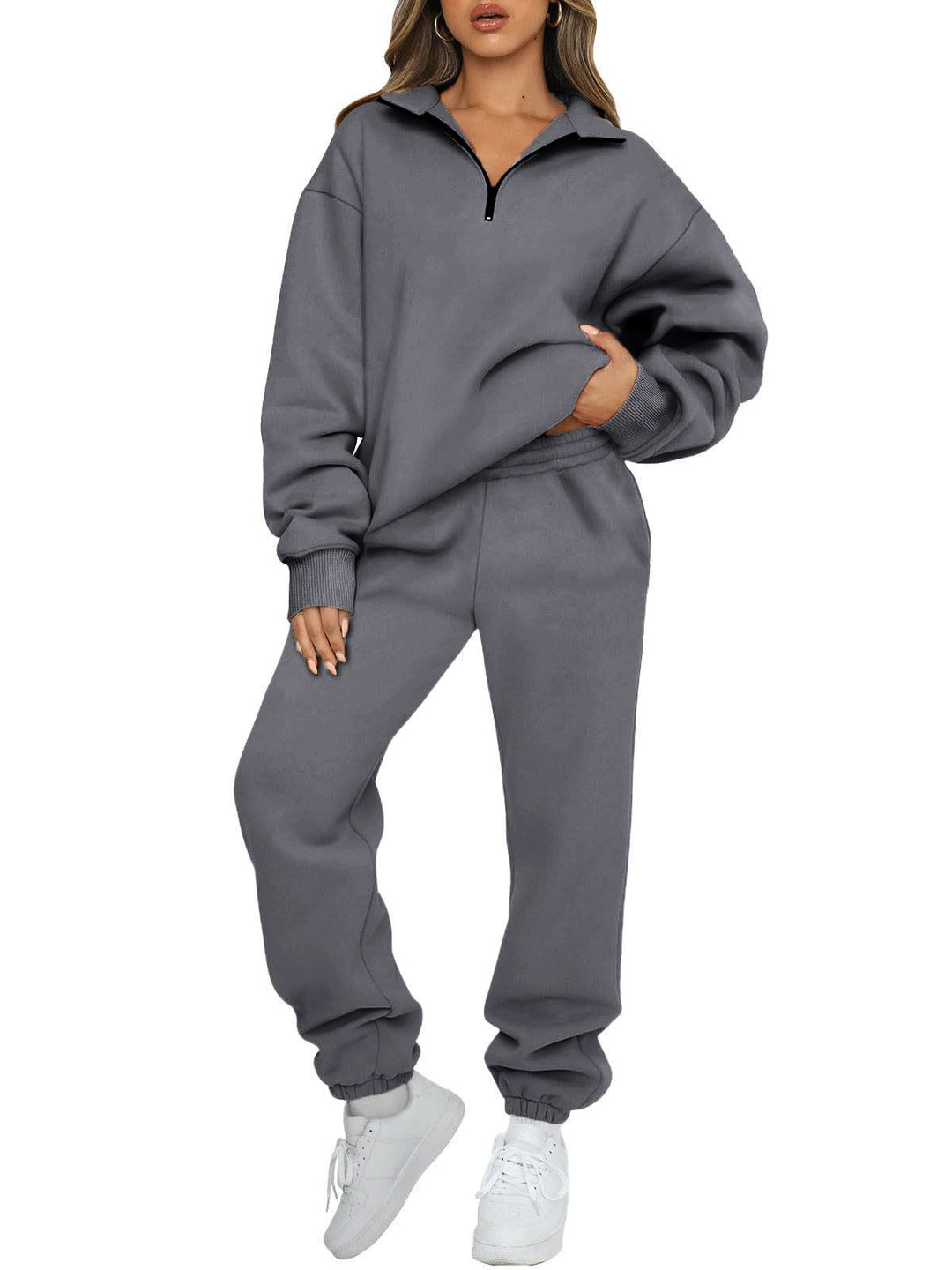 Damen nan oversized Sweatshirt Jogginghose Set mit Reißverschlusskragen Drune