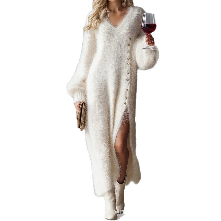 Damen nan flauschiges Maxikleid mit V-Ausschnitt und seitlichem Knopfverschluss Drune