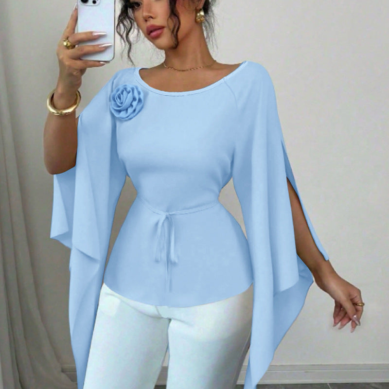 Damen elegantes Oberteil mit Abknöpfbarem Blumenapplikation und Flügelärmel Drune