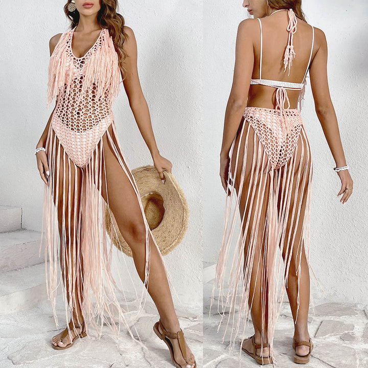 Damen Häkel-Badestrandkleid mit fransigen Details und tiefem V-Ausschnitt Drune