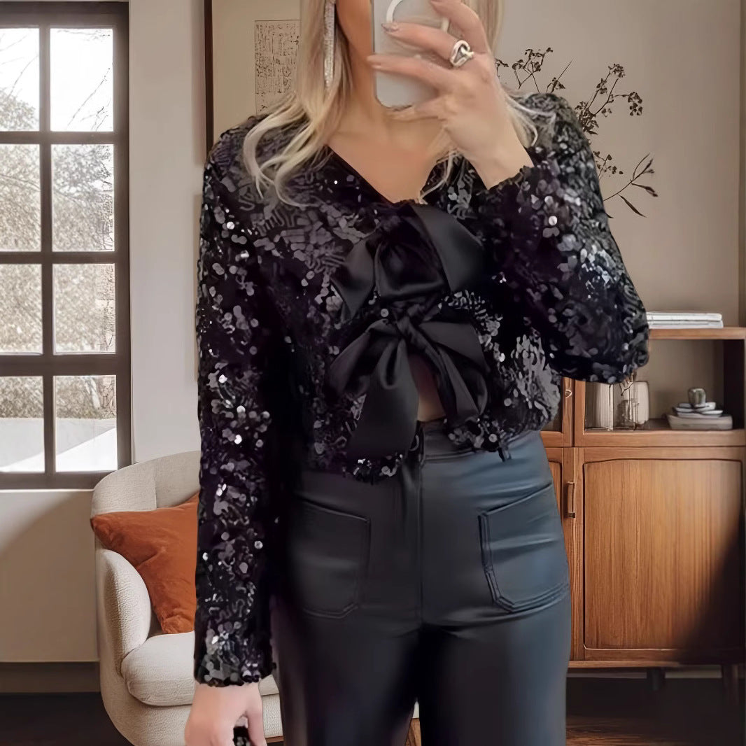 Damen Glitzernde Bluse mit Schleifendetail Drune
