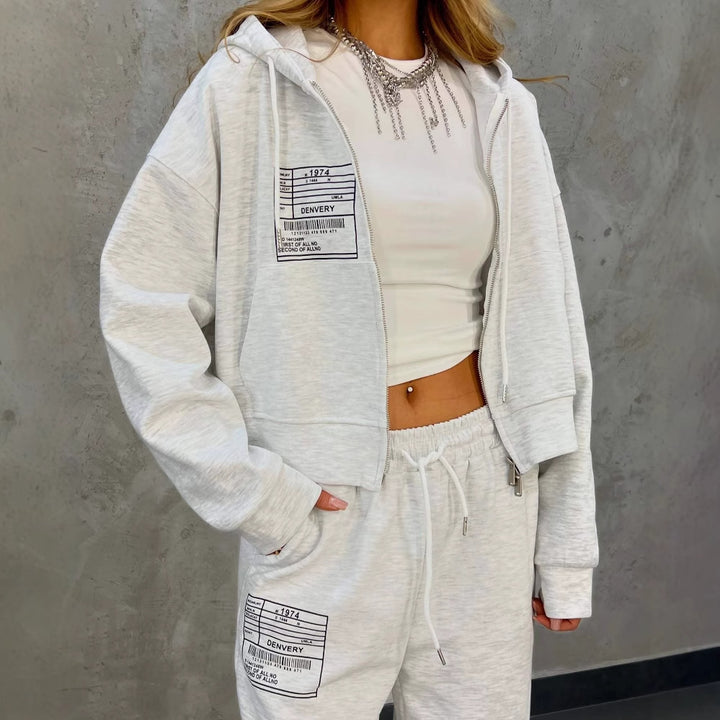 Damen lässiges Freizeit-Set mit cropped Kapuzenjacke und bequemen Jogginghose Drune