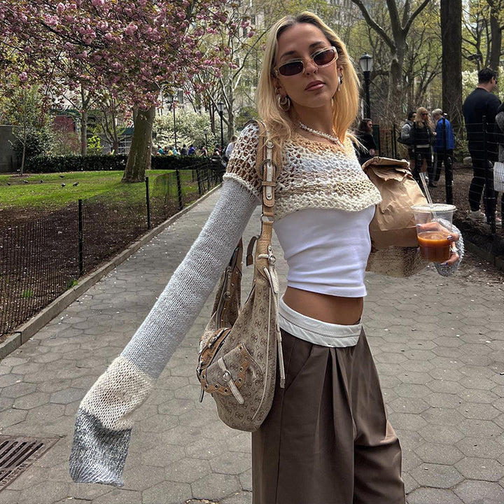 Damen gehäkeltes Crop-Top mit langem Arm und bunten Streifen Drune