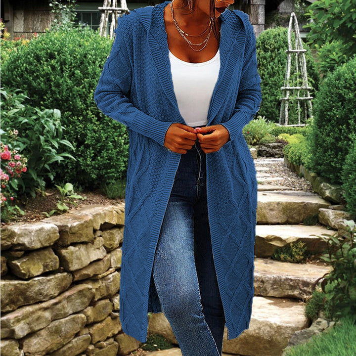 Damen langer Strickcardigan mit Hochkragen und Zopfmuster Drune