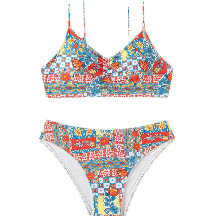 Damen Bikini mit buntem Patchwork-Muster und hohem Bund Drune