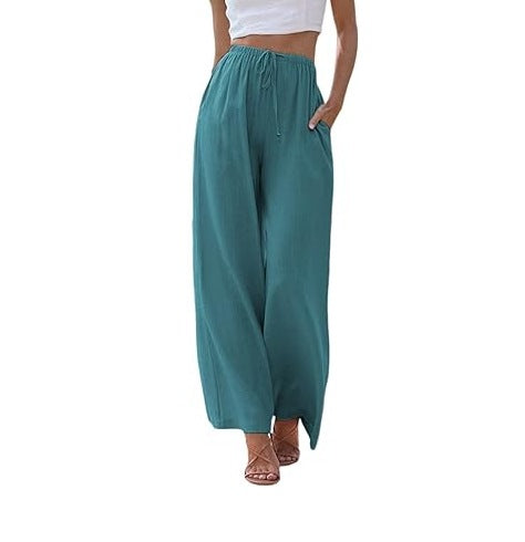 Damen nan weite Leinenhose mit elastischem Bund Kordel und Seitentaschen Drune