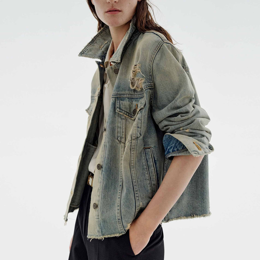 Damen modische Denimjacke im Vintage-Stil mit lässigem Schnitt und fransigen Details Drune