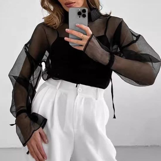 Damen transparente Bluse mit voluminösen Ärmeln und eleganten Bändchen Drune
