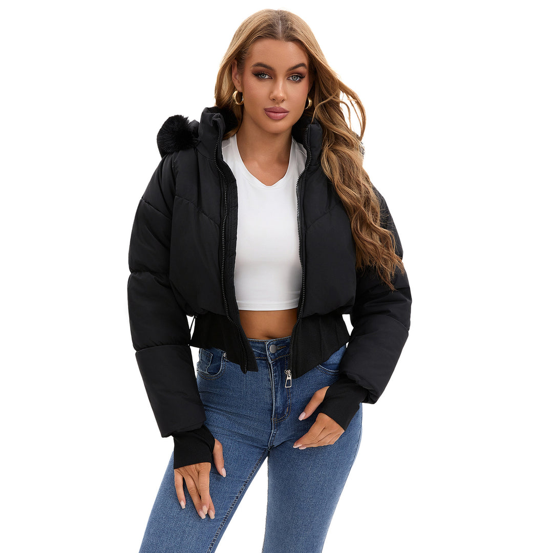 Damen cropped Daunenjacke mit abnehmbarer Kapuze und Kunstfellbesatz Drune