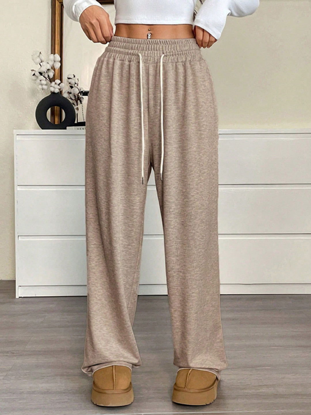 Damen nan weite High-Waist Loungehose mit elastischem Bund und Kordelzug Drune