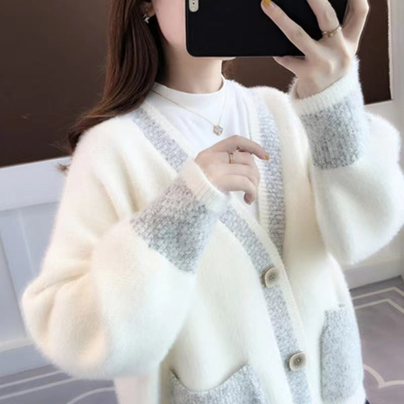 Damen Strickjacke mit modernem Farbkontrast und großen Taschen Drune