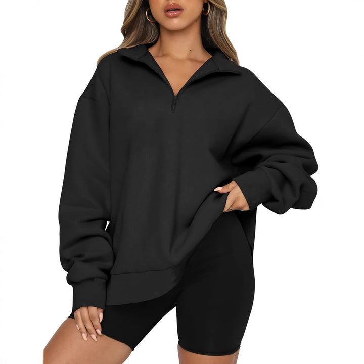 Damen lässiger Sweatpullover mit halbem Reißverschluss und überschnittenen Schultern Drune