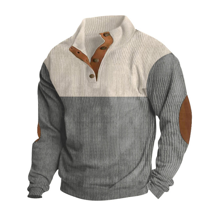 Herren nan gerippter Pullover mit Stehkragen, Knopfleiste und Ellbogen-Patches Drune