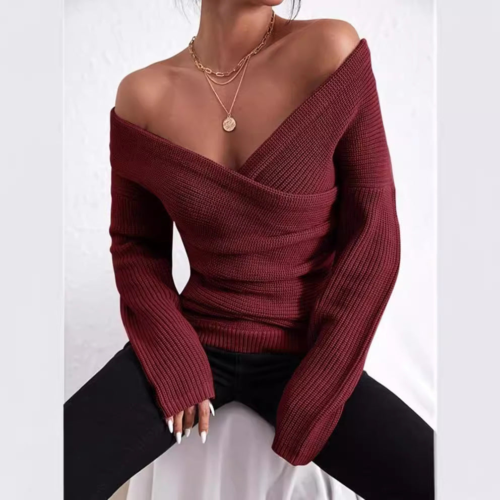 Damen lässiger Wickelpullover mit tiefem V-Ausschnitt und Lockere Passform Drune