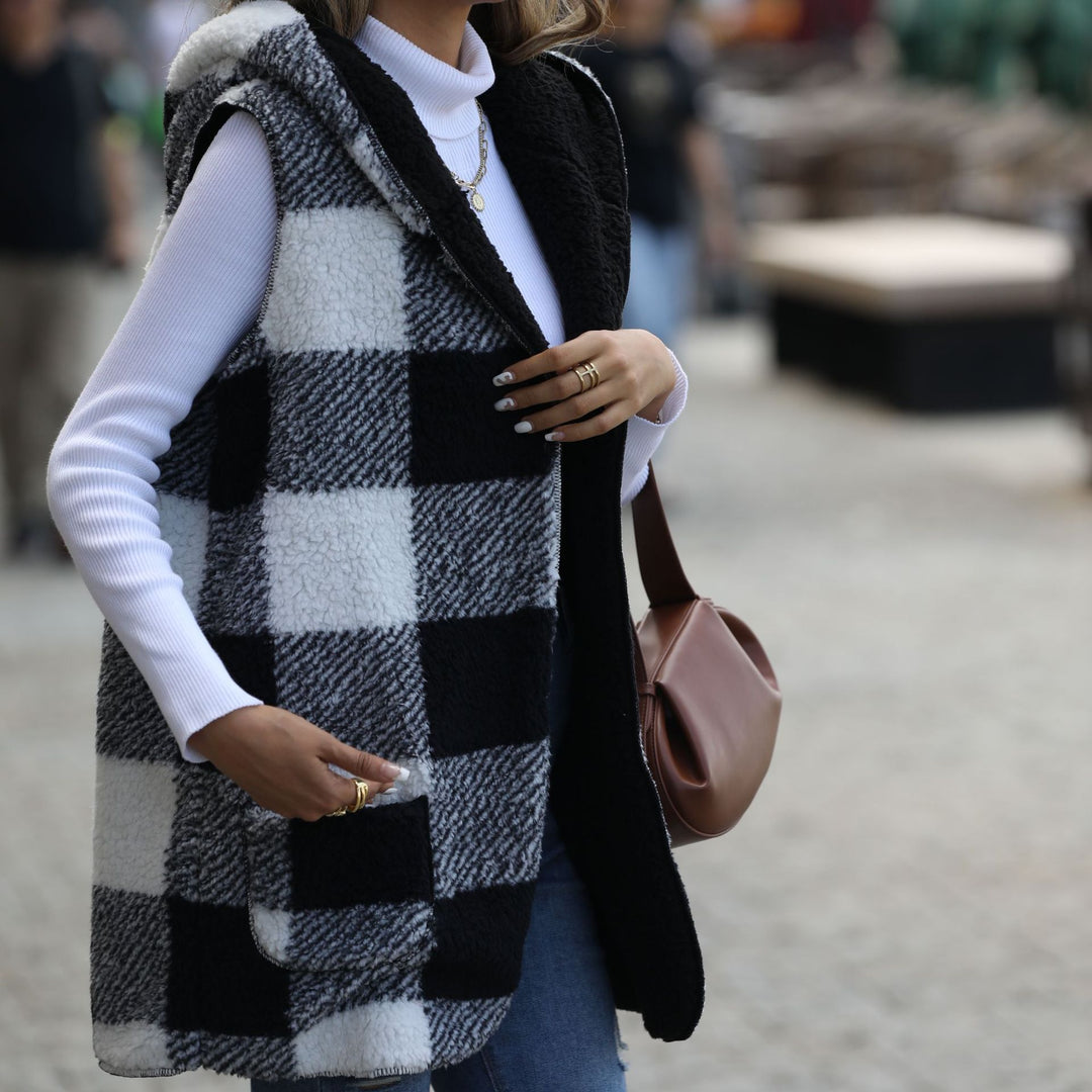 Damen Fleece-Weste mit Kapuze und Karomuster Drune