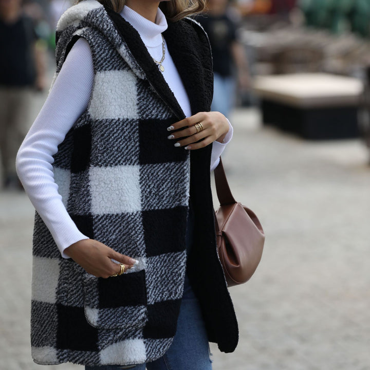 Damen Fleece-Weste mit Kapuze und Karomuster Drune