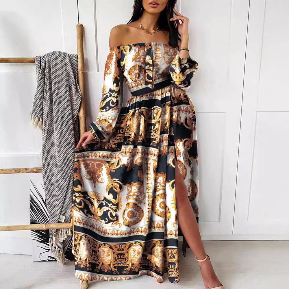 Damen Elegantes Off-Shoulder Maxikleid mit raffinierten Plisseedetails und hohem Schlitz Drune