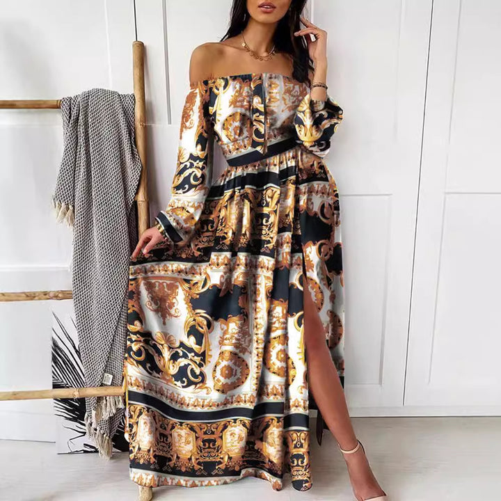 Damen Elegantes Off-Shoulder Maxikleid mit raffinierten Plisseedetails und hohem Schlitz Drune