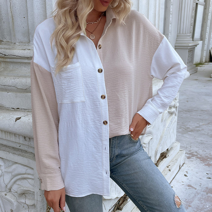 Damen oversized Blusenhemd mit zwei Farbdesigns und modischen Knopfdetails Drune
