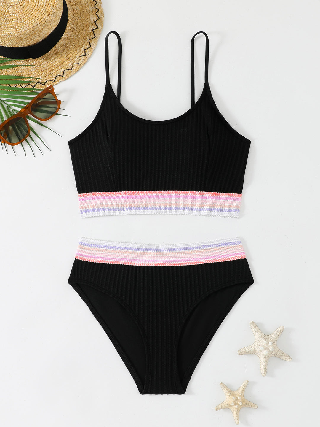 Damen Sportliches Bikini-Set mit modischem Rippdesign und elastischem Bund Drune