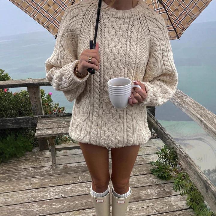 Damen Strickpullover mit Zopfmuster und weiten Ärmeln Drune