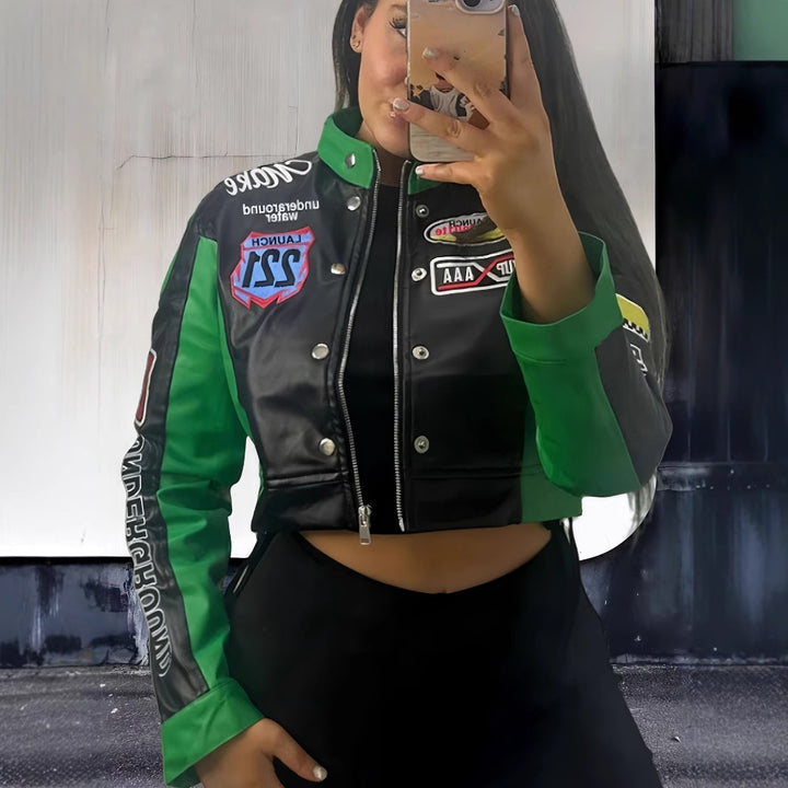 Damen trendige cropped Bikerjacke mit sportlichen Patches Drune