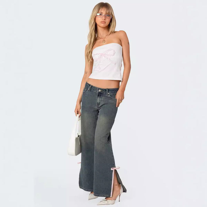 Damen Hohe Taillen Denim-Hose mit modischen Schleifendetails Drune