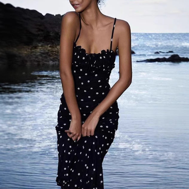 Damen Maxikleid mit Rüschen und Punkten Drune