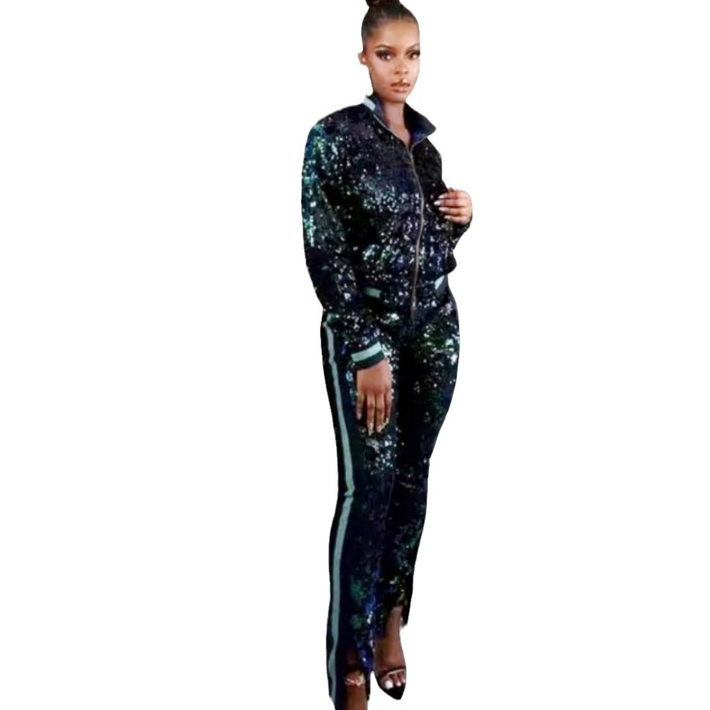 Damen Glitzerndes Sportanzug-Set mit trendigen Streifen Drune
