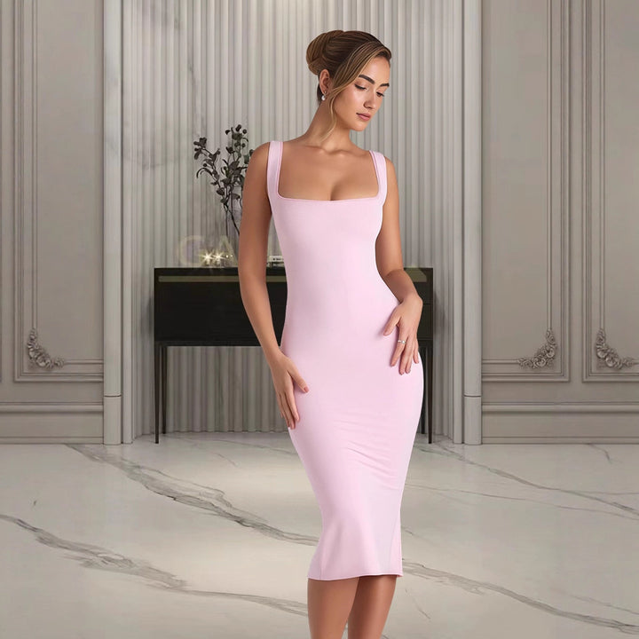 Damen Figurumspielendes Midi-Kleid mit quadratischem Ausschnitt und schmalem Schnitt Drune