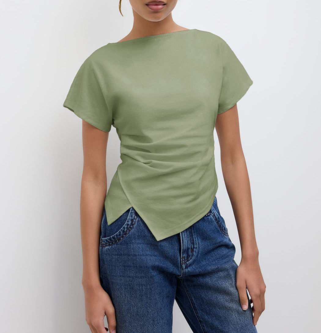 Damen Cropped T-Shirt mit asymmetrischem Schnitt und dekorativem Drapierungseffekt Drune