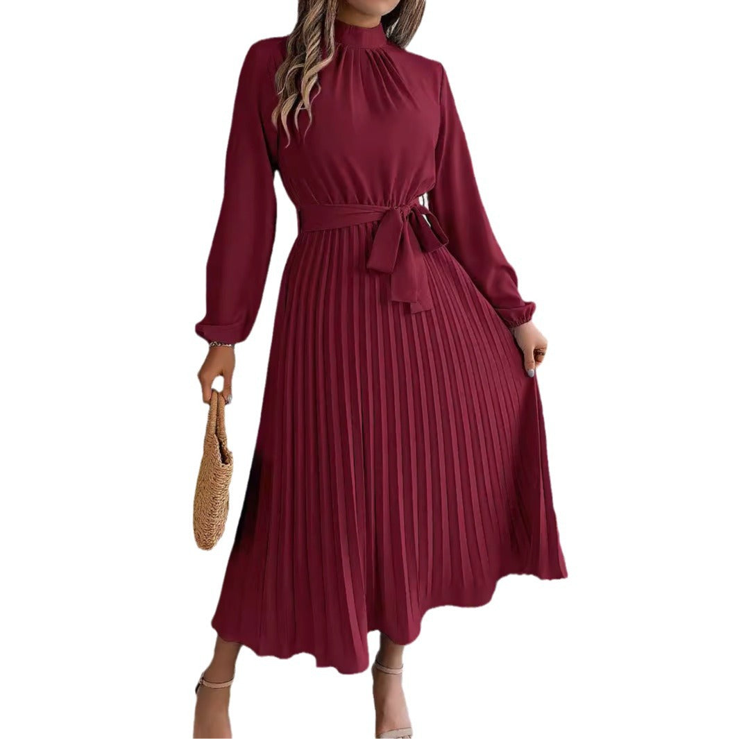 Drune | Elegante Stehkragen Taillierter Plissierter Langer Rock kleines Kleid