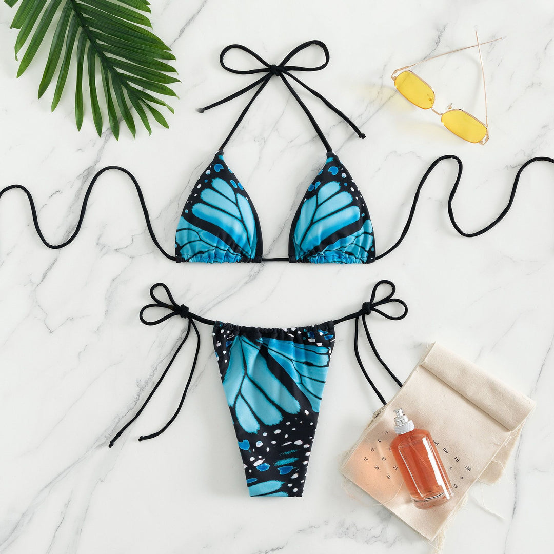 Damen Schmetterlingsdruck Dreieck Bikini Set Drune