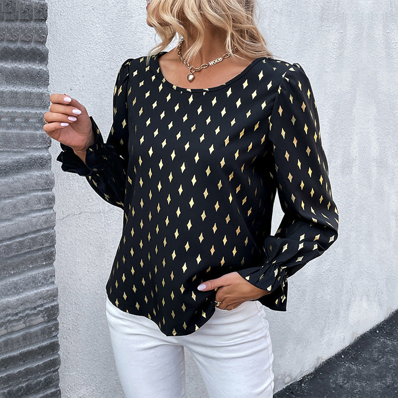 Damen stilvolles Blusenshirt mit elegantem Druck und femininen Puffärmeln Drune