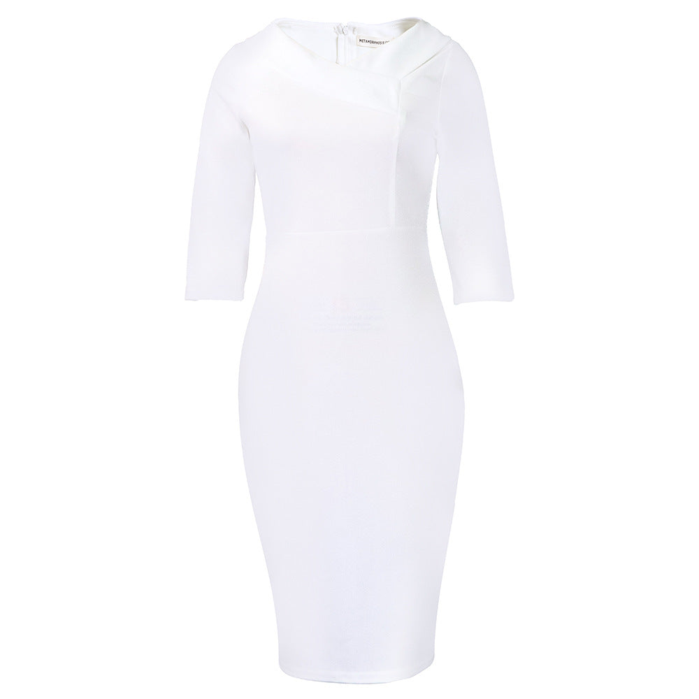 Damen Figurbetontes Midi-Kleid mit asymmetrischem Kragen und 3/4-Ärmeln Drune