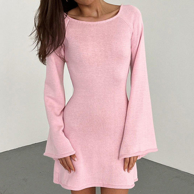 Damen lässiges Strickkleid mit weiten Ärmeln und Rundhalsausschnitt Drune