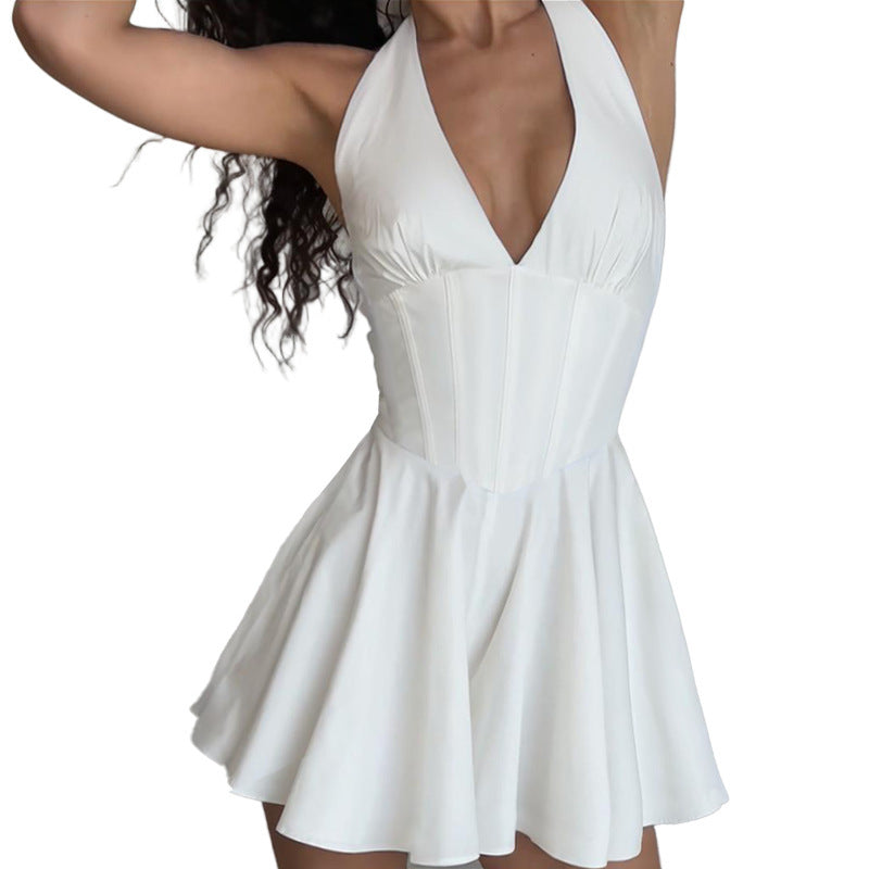 Damen Verspieltes Cocktailkleid mit tiefem V-Ausschnitt und fließendem Rock Drune