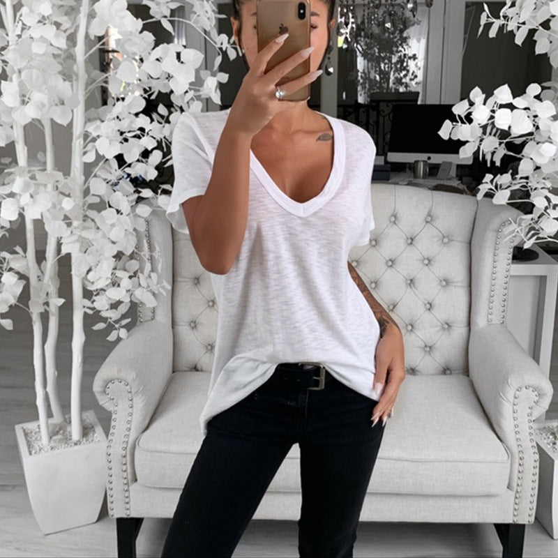 Damen Lässiges T-Shirt mit tiefem V-Ausschnitt und lockerer Passform Drune
